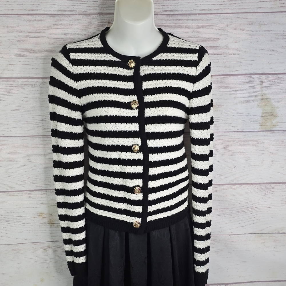 Anne Taylor Black And White Striped Button Down Sweater Knit Jacket Sz Petite XS